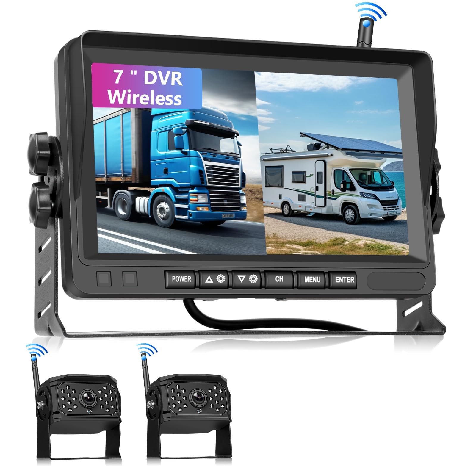 VECHTEL Telecamera Retromarcia Wireless 1080P con Monitor 7" IPS, Kit DVR+2 Telecamera Posteriore Auto, IP68, Visione Notturna, Linee Guida DIY, per Camion, Autobus, Van, Camper, SUV, Pick-up