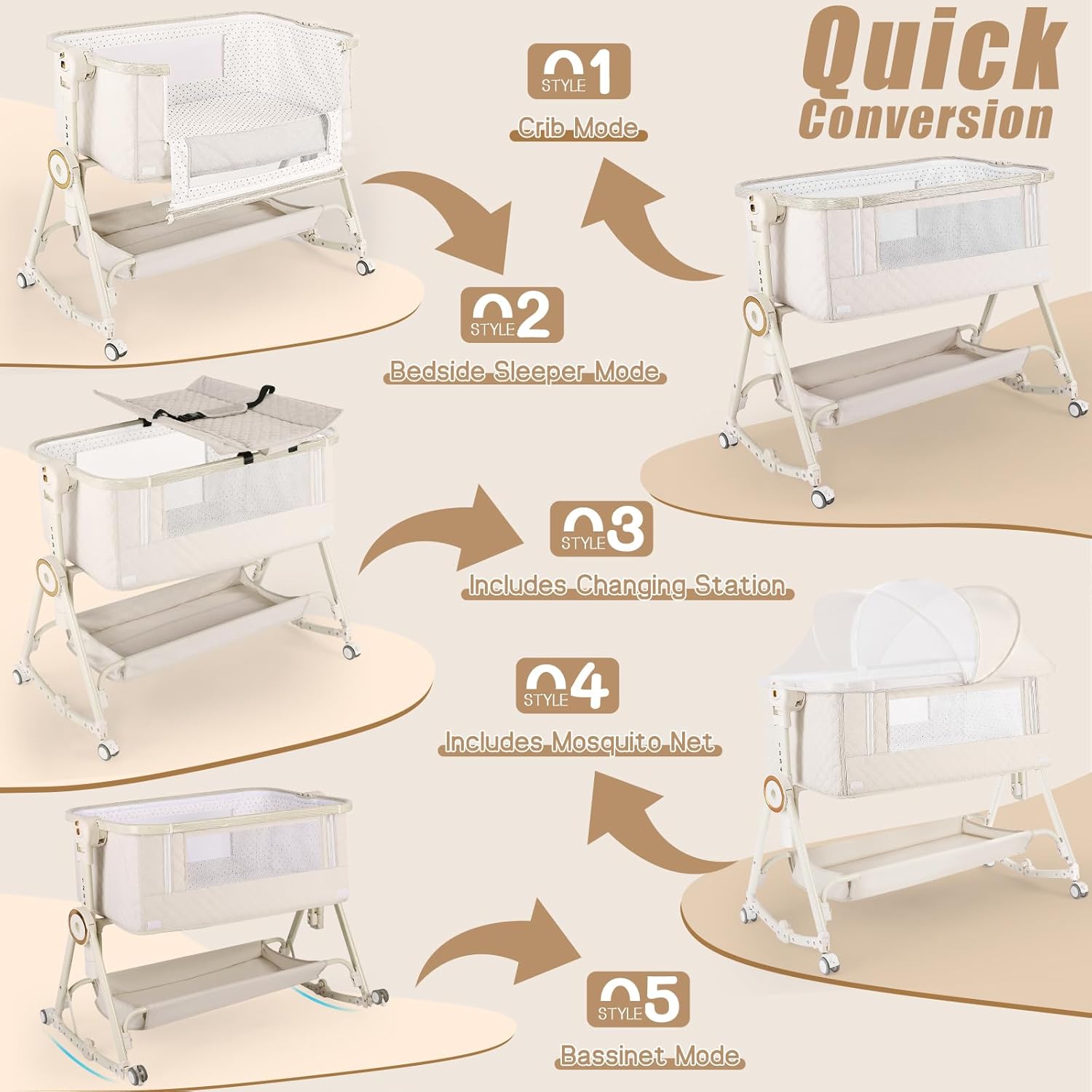 Baby Bassinets Bedside Sleeper 5 in 1,Bedside Bassinet for Baby with Mattress,Diaper changer, Storage Layer,Mosquito Net,7-level adjustable height , one-touch folding for travel with infants(Beige)