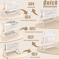 Vista 5 de Baby Bassinets Bedside Sleeper 5 in 1,Bedside Bassinet for Baby with Mattress,Diaper changer, Storage Layer,Mosquito Net,7-level adjustable height