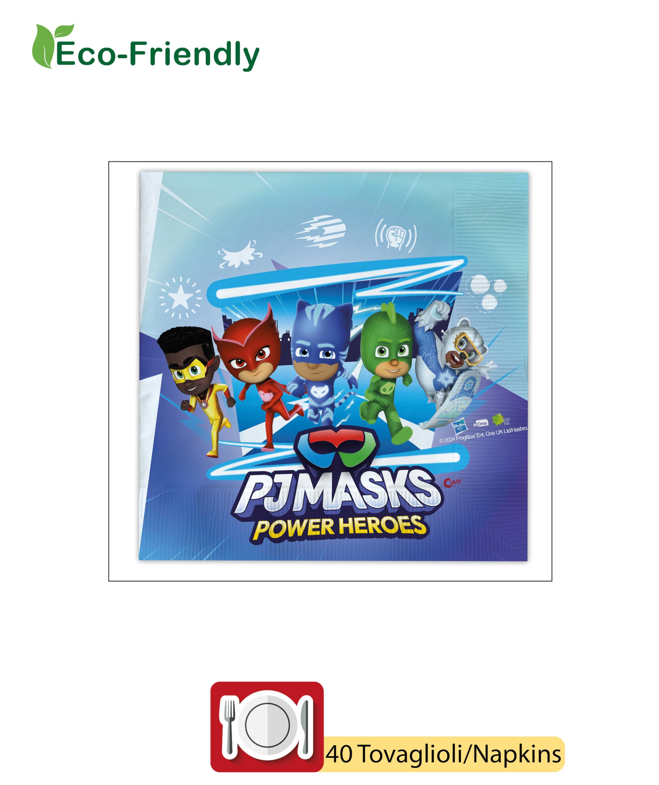 Kit Party Tavola PJ Masks per 24 persone (112 pezzi: 24 piatti Ø23cm, 24 piatti Ø18cm, 24 bicchieri 250ml, 40 tovaglioli 33x33cm) in carta compostabile eco-friendly