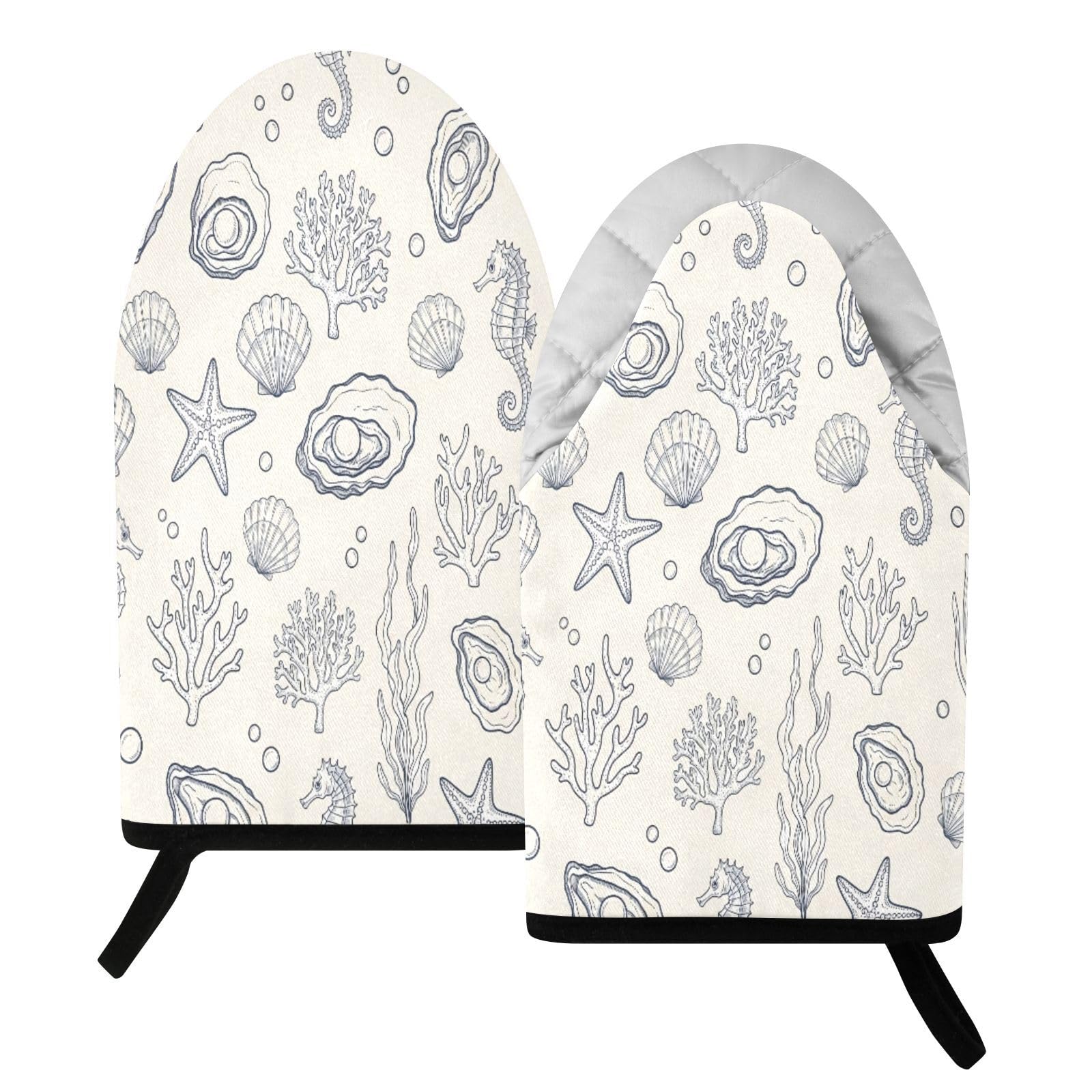 BURSTDDY Seafood Sketch Oven Mitt,Heat Resistant Kitchen Mitts for Cooking