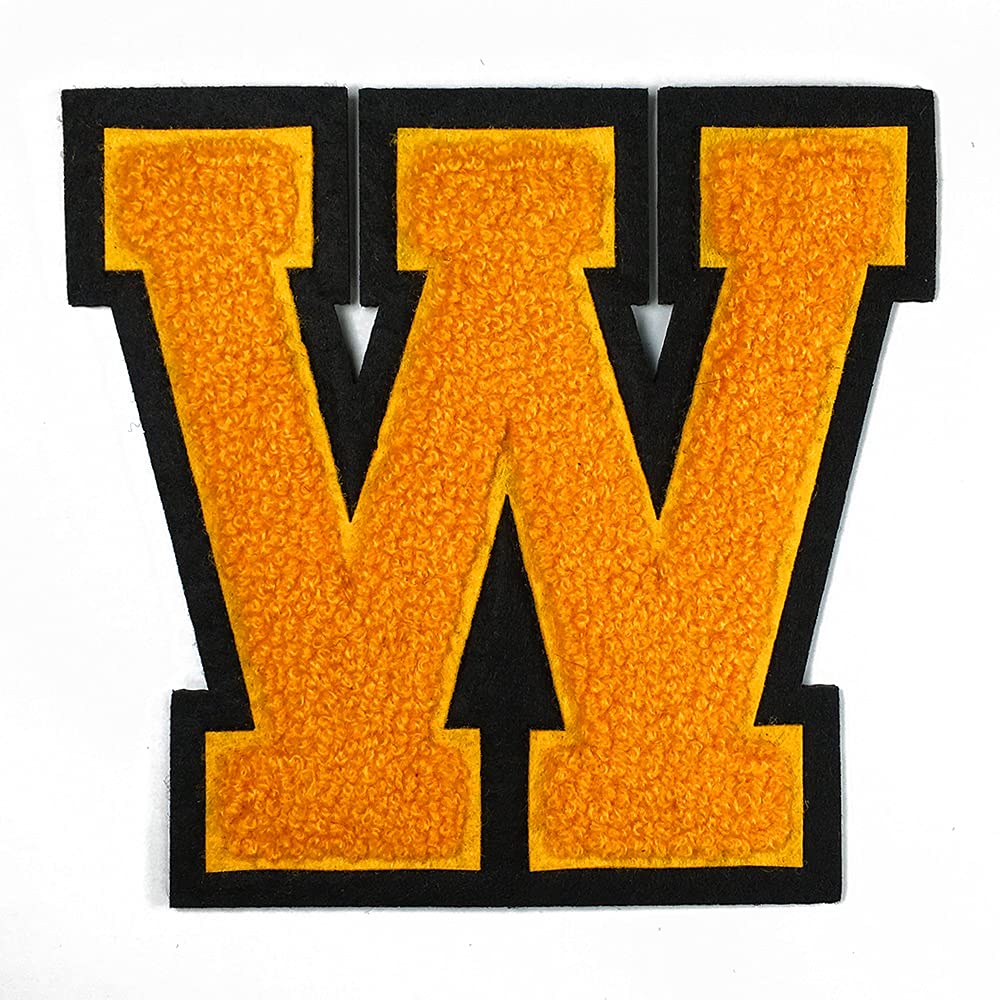 Chenille Letter W Iron-On Patch - 4.5 Inch Golden Yellow & Black Varsity Style For Jackets, Bags