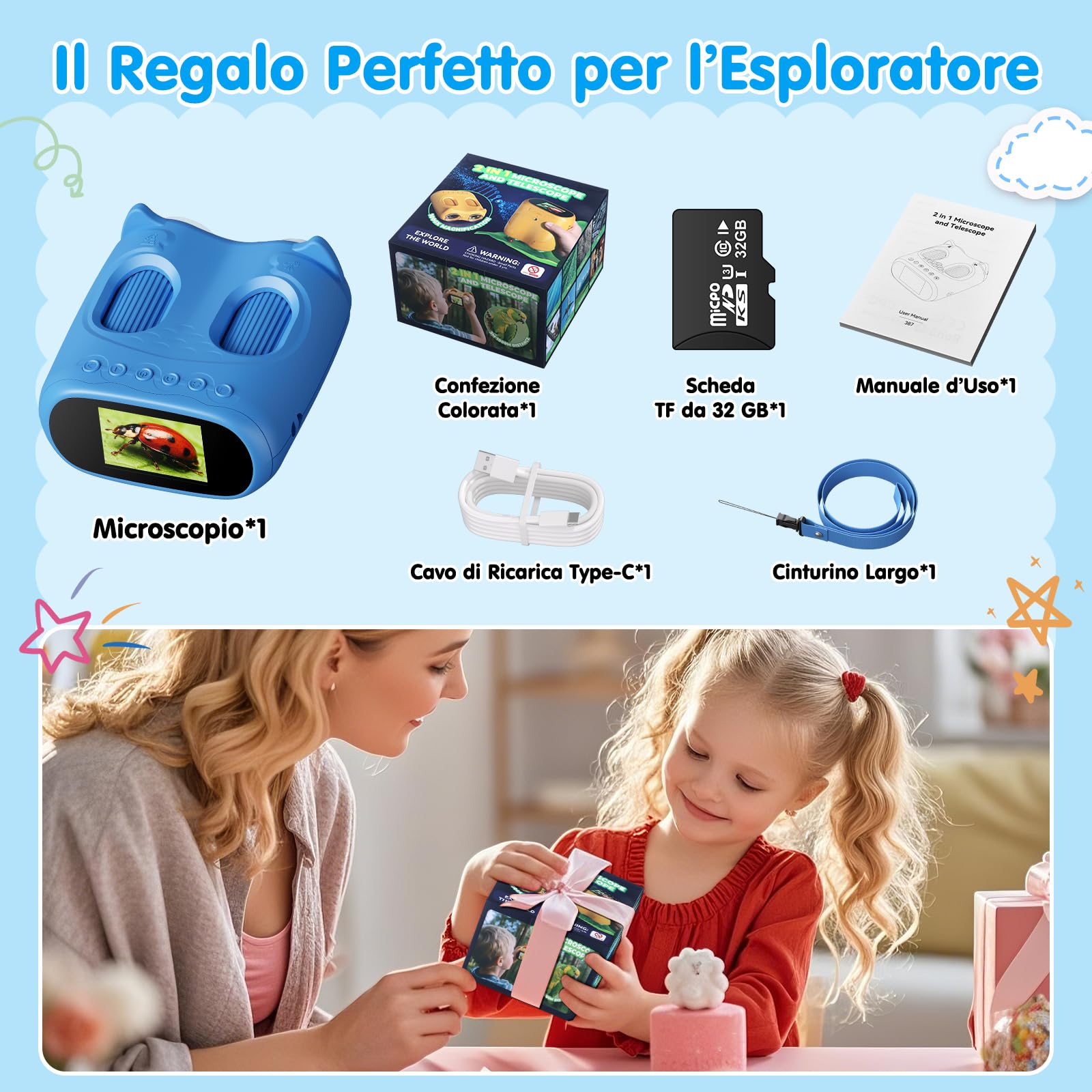 2 in 1 Microscopio Bambini e Telescopio, Microscopio Digitale Bambini con Scheda 32GB, 1000X Microscopio Portatile con Schermo IPS da 2,0 Pollici e 8 Luci LED, Regalo per Bambini dai 3 Anni