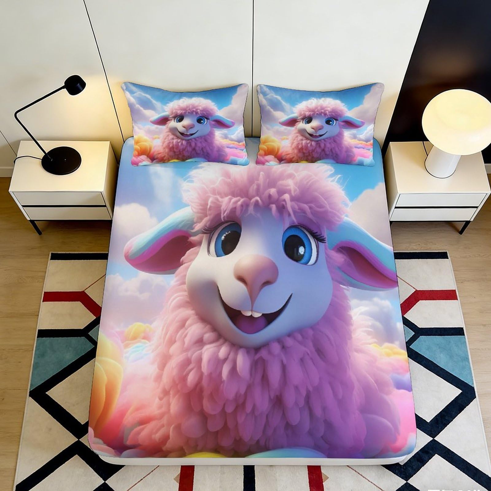 3D Printed Cute Pink Sheep Fitted Sheet Microfiber Soft Breathable Cartoon Lamb Bed Cover for Bedroom Dormitory Guest Room Mattress Protection 200x200x25cm