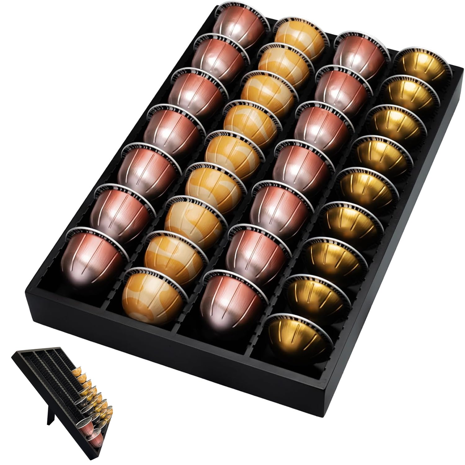 Bamboo Coffee Pod Storage Holder for Drawer Coffee Pods Organizer for Counter, Compatible with Capsules for Kitchen Coffee Station (Black)