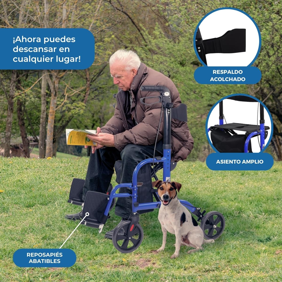 Mobiclinic, Modelo picasso, Andador para mayores, Minusválidos, Adultos o ancianos, Rollator, Caminador, Aluminio, Ligero, Plegable, Con asiento y 4 ruedas, Azul
