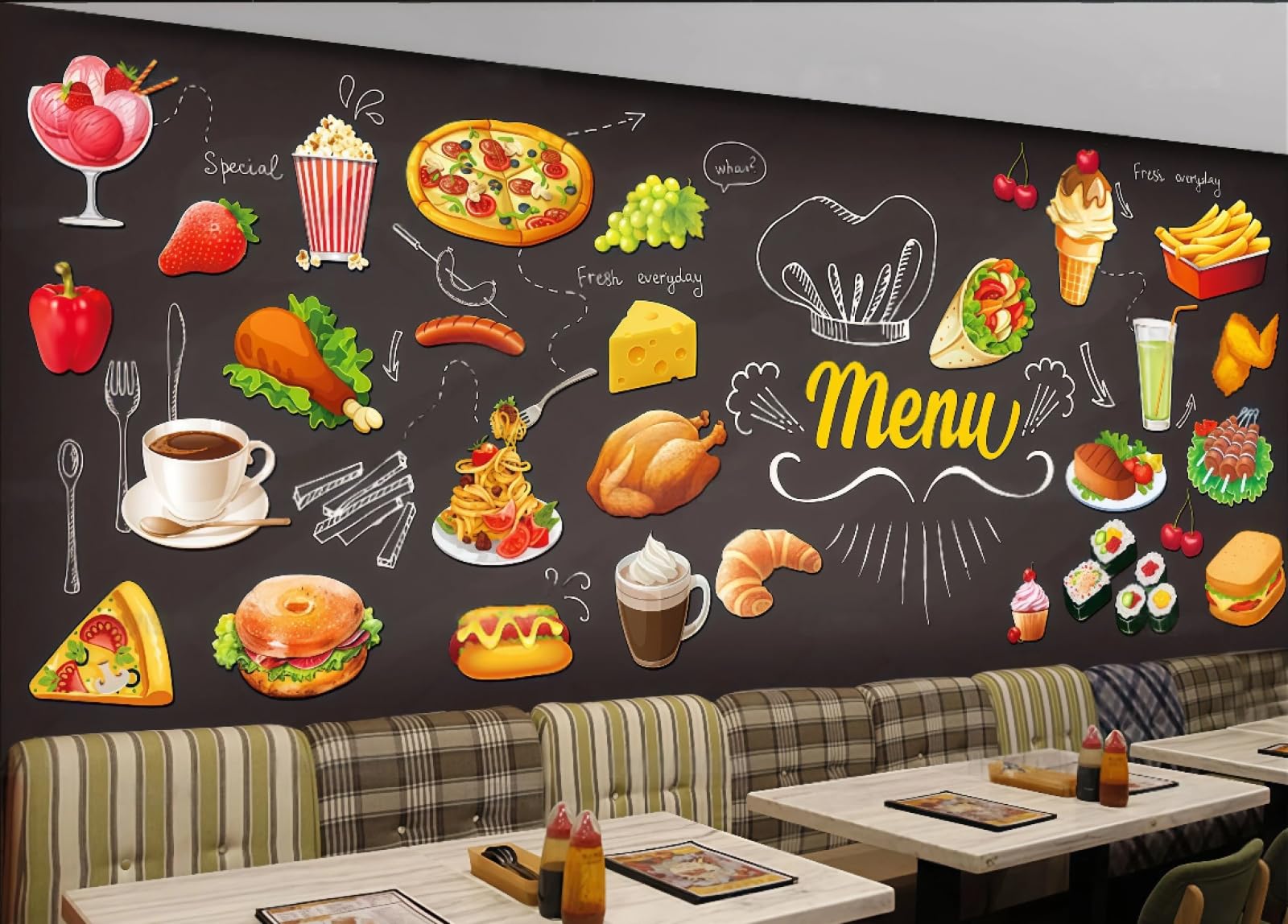 rskjdghshd Wallpaper Retro Blackboard Hand-Painted Burger Fried Chicken Pizza Shop Afternoon Tea Background Wall Western Restaurant Wallpaper Cafe Mural,3D,250x175cm
