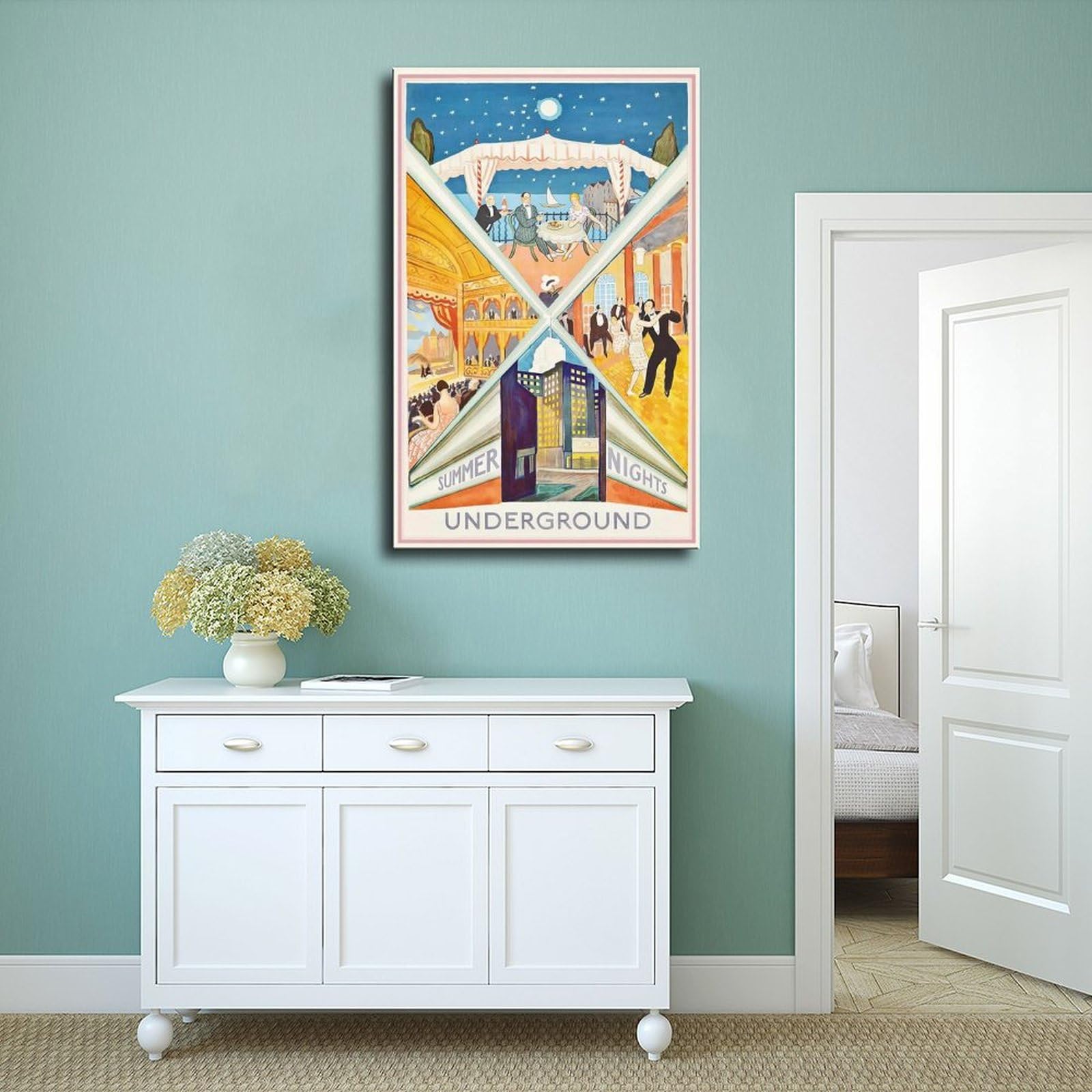 QOGDAF Poster su tela con stampa di Londra Underground Summer Nights, decorazione per camera da letto, ufficio, camera da letto, regalo, 60 x 90 cm