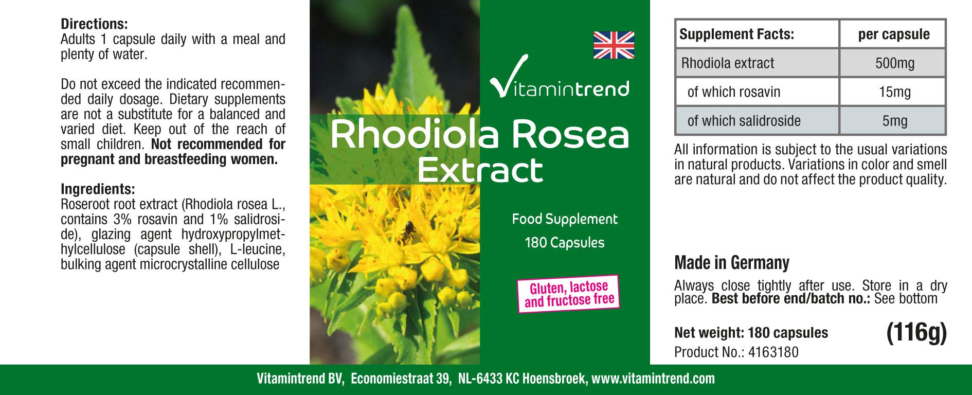 Vitamintrend Rhodiola Rosea Extrakt 500mg Tagesbedarf, 180 Kapseln, schluckfreundlich, hochdosiert, Nahrungsergänzungsmittel vegan ohne Magnesiumstearat, in Deutschland hergestellt