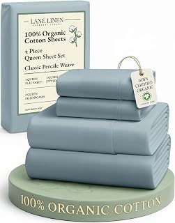 LANE LINEN 100% Organic Cotton Eco Friendly Sustainably Produced Queen Sheets Set, Low Pill Fade Resistant Machine Wash Fully Elasticized Cotton Bedding Queen Set- French Blue