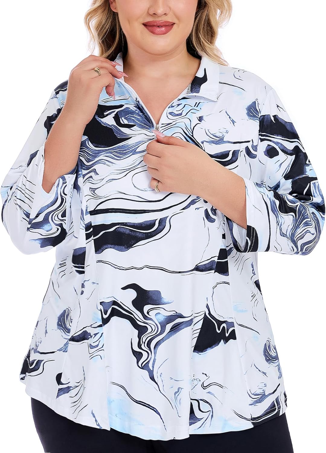 Plus Size Golf Polo Shirts for Women 3/4 Sleeve UPF 50+ Quarter Zip Pullover Quick Dry Athletic Workout Tops XL-5XL