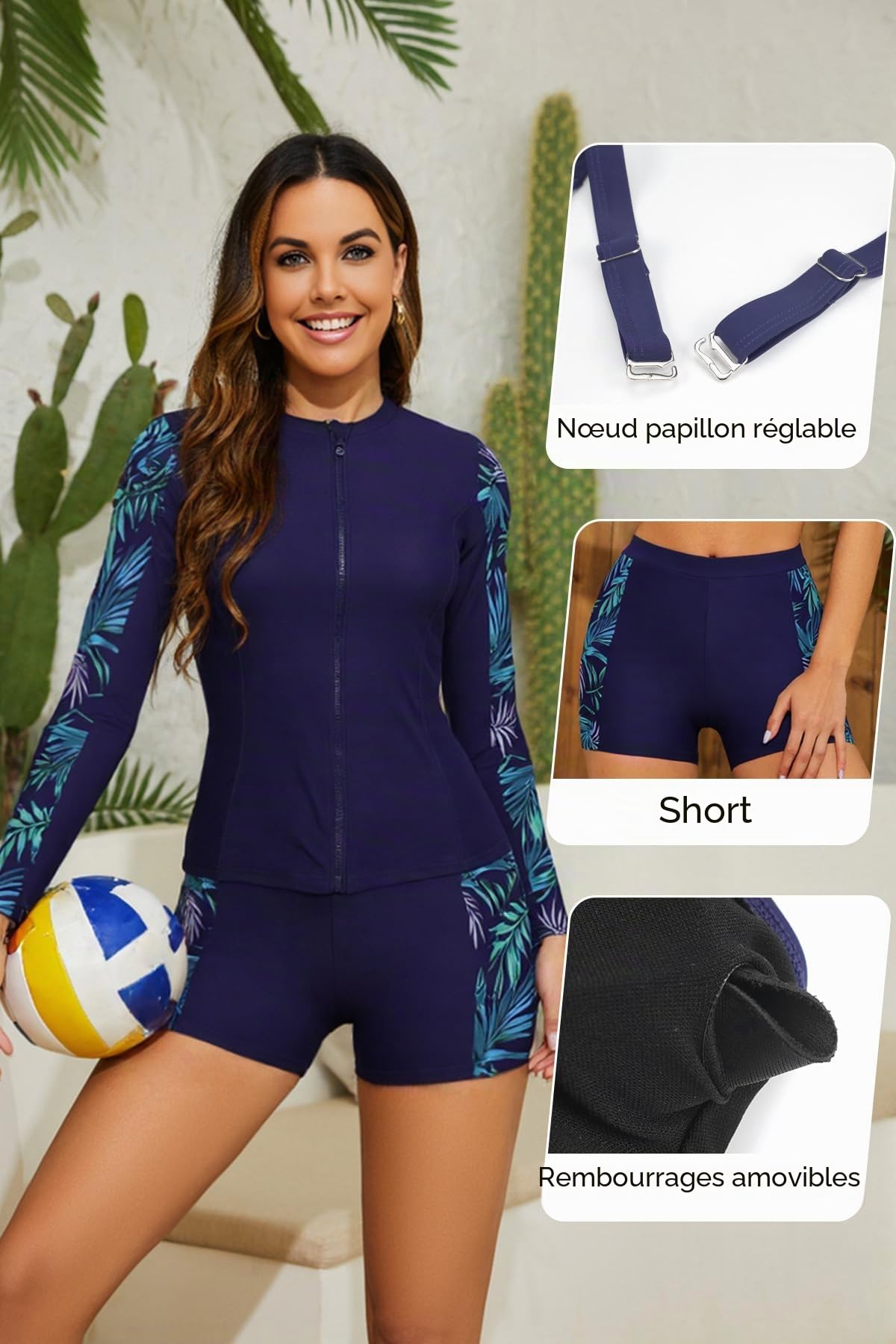 SHEKINI Rash Guard Set 3 Pièces Femme Rashguard à Manches Longues Maillot de Bain avec Zippé+Brassiere+Shorts de Sport pour Surf Séchage Rapide