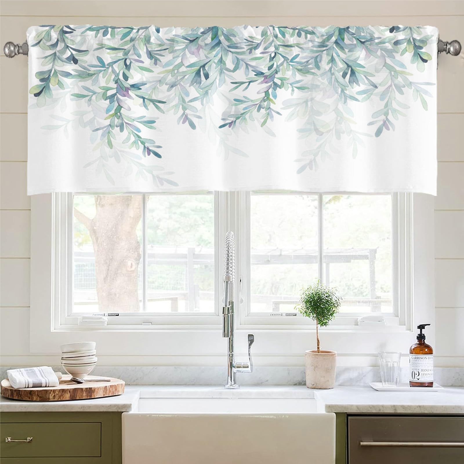 Cortinas cortas y modernas para cocina o salón, diseño de hojas que da vida a tu hogar