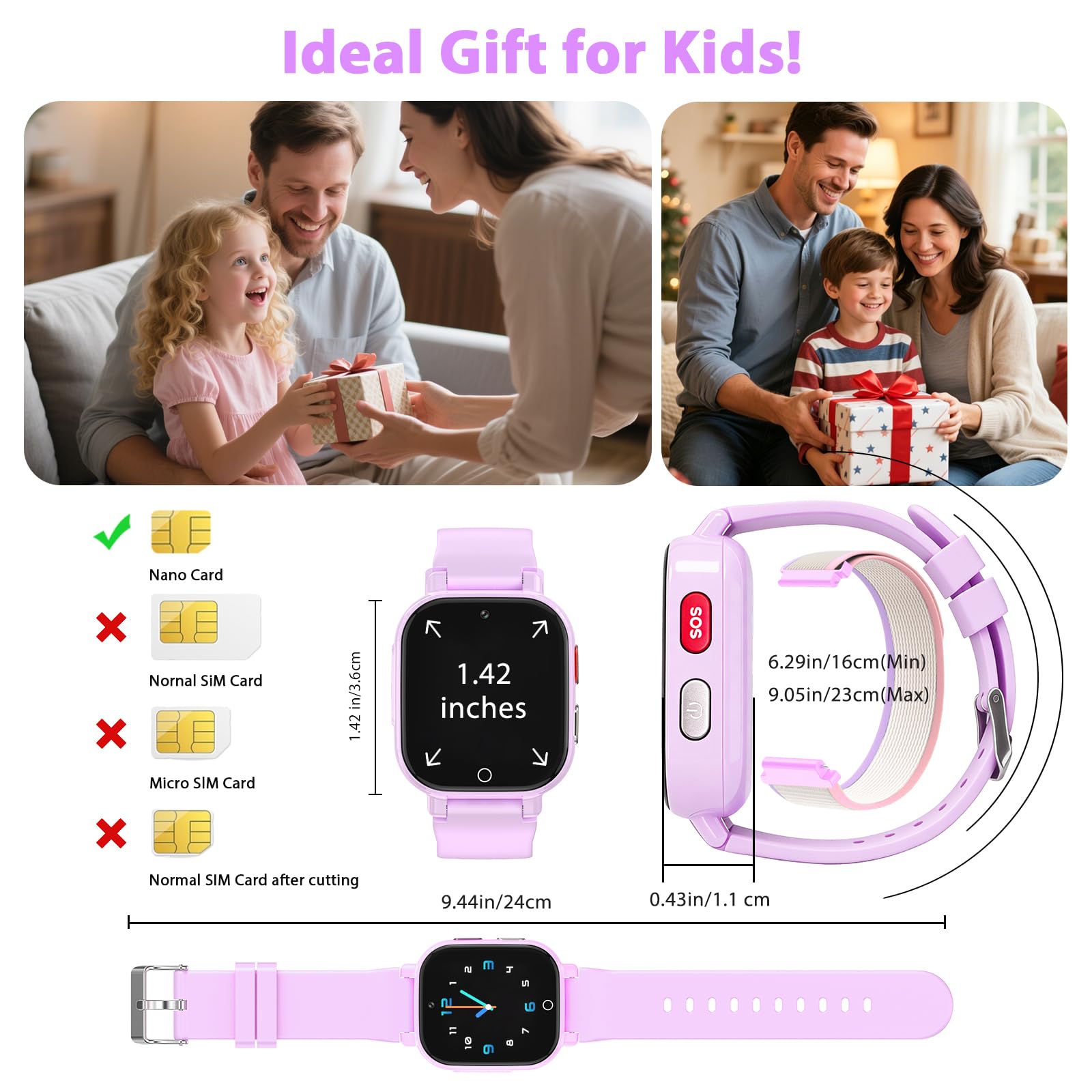 Smartwatch Bambini 4G con Videochiamata, GPS, SOS, Chat Vocale, IP68 Impermeabile, Modalità Classe, Contapassi, Sveglia, Camera, Orologio Smartwatch Regalo per Bambino e Bambina 4-12 Anni (Lila-8A)