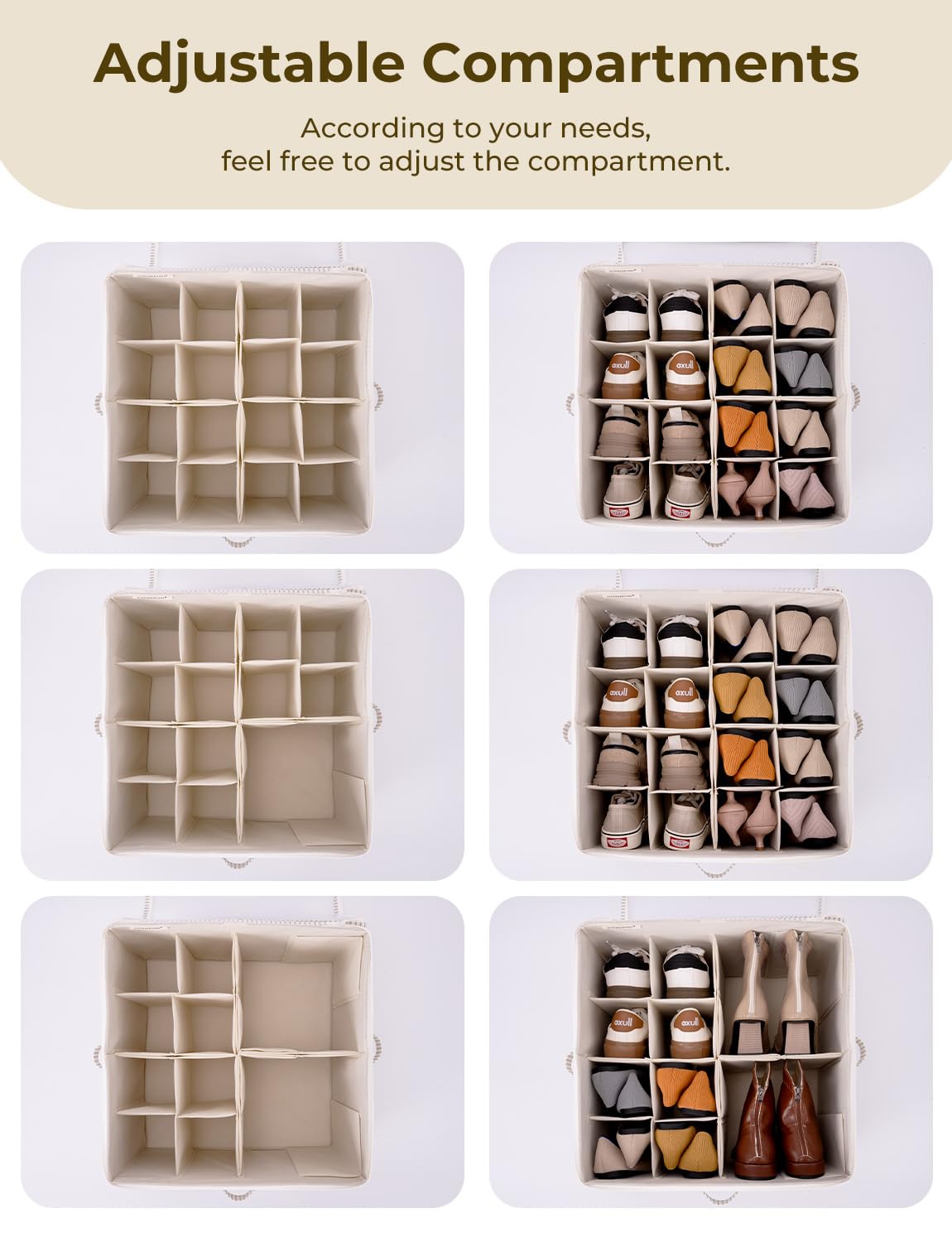 StorageWorks Organizzatore di scarpe per armadio, scatola porta scarpe con spazio a 16 paia, contenitore in tessuto per armadio con divisori regolabili e copertura trasparente, 43 x 43 x 32 cm