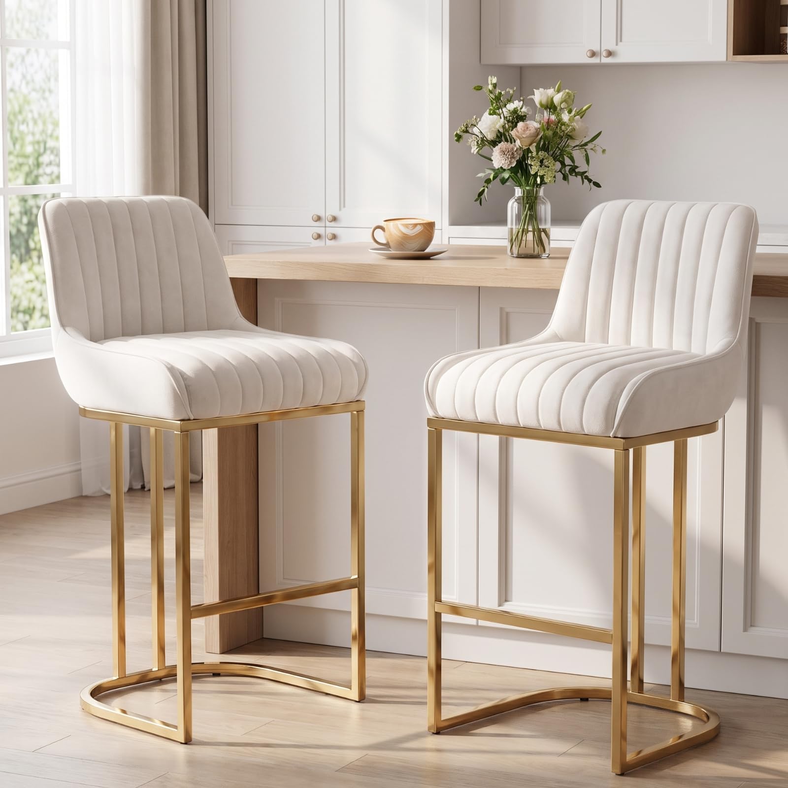 Ya-Home Juego de 2 Taburetes Altos de Cocina de Terciopelo Sillas Altas de Cocina sin Reposabrazos,Taburetes de Bar Modernos con Patas de Metal Doradas para Isla de Cocina/Resturante,Blanco