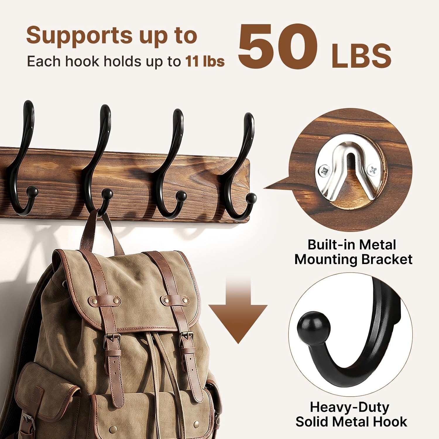 POZEAN Wooden Coat Rack Wall Mount, 2 Pack Wall Mounted Coat Hangers with 5 Double Hooks, Space Saving Organizer for Entryway,Bathroom, Clothes, Jackets, Hats, Keys(‎Brown Plate & Black Hooks)