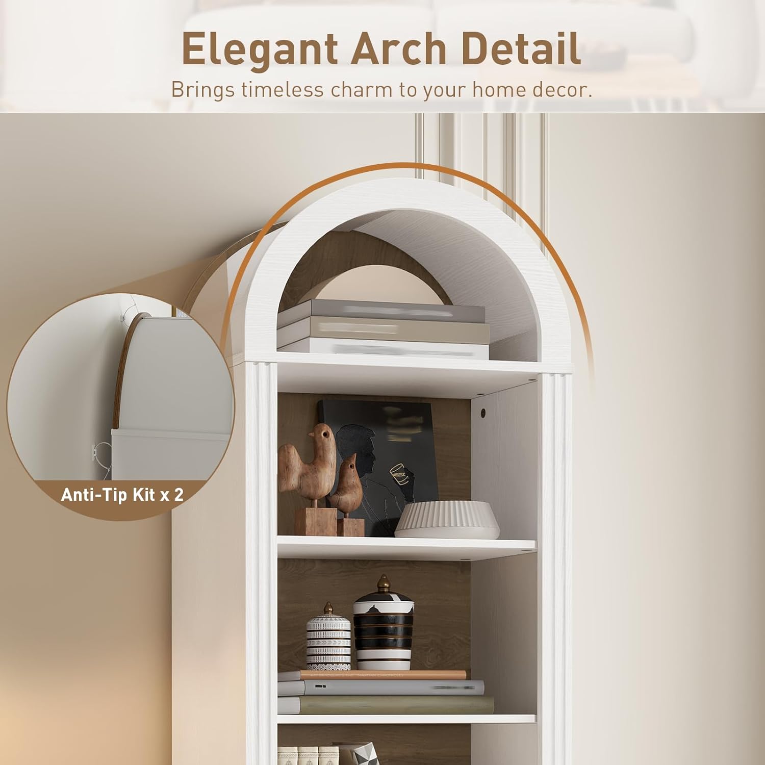 RALGEND Tall Narrow Bookshelf, Arched Bookshelf with 2 Drawers, 7-Tier Farmhouse Arch Bookcase, Wooden Book Shelf with Open Display Shelves for Office, Living Room, Kitchen, White and Walnut