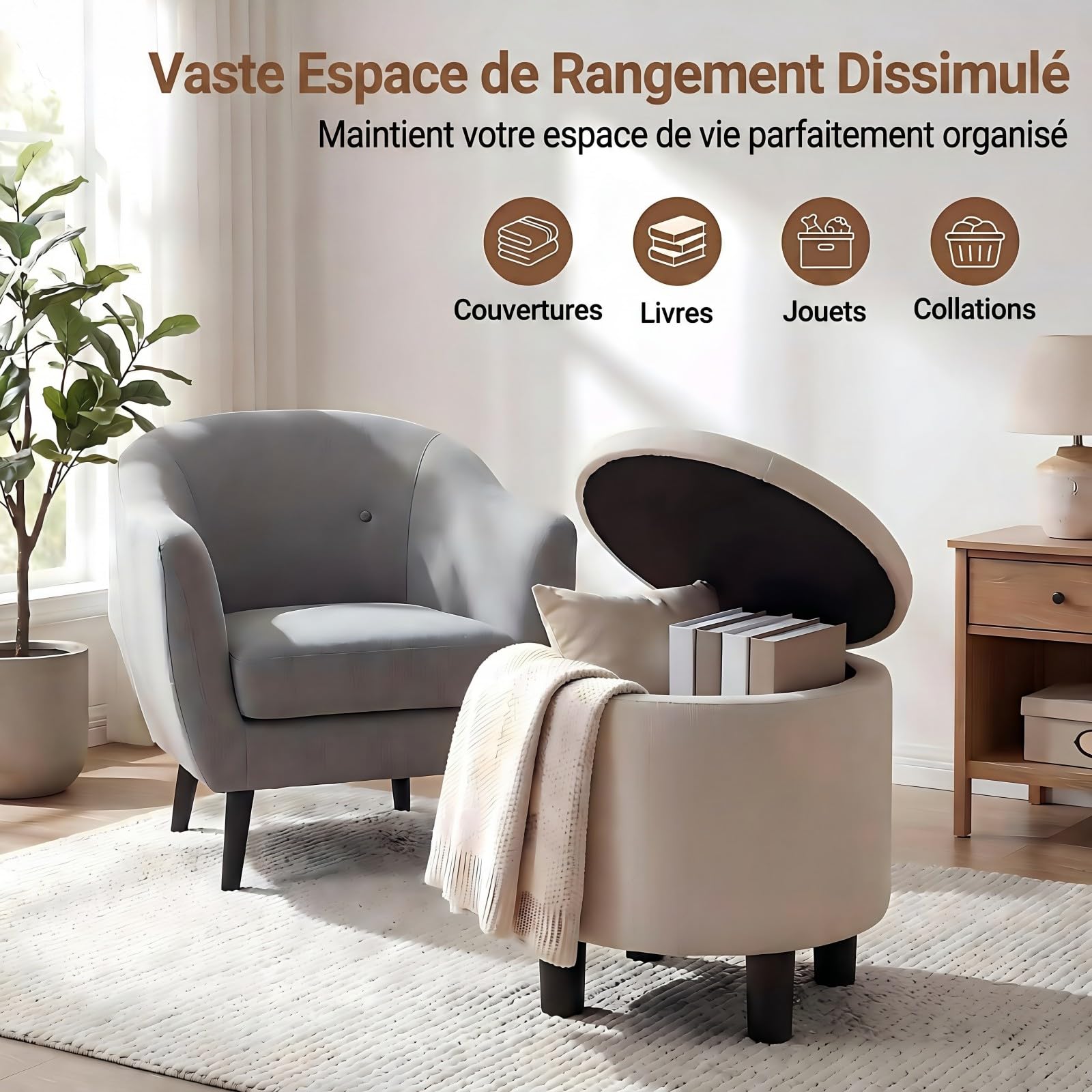 SOARS Pouf de Rangement 19L, Tabouret Rond avec Couvercle Réversible