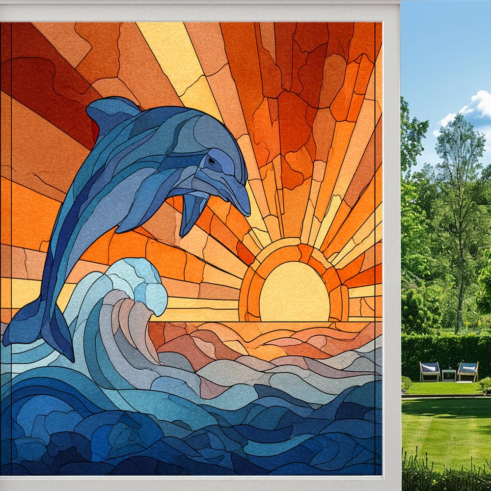 Coastal Dolphin Stained Glass Window Film, Sunset Animal Nature Landscape Peel and Stick Privacy Film, Frosted Adhesive Vinyl Decorative for Bathroom Windows Glass Doors,（55x120cm）