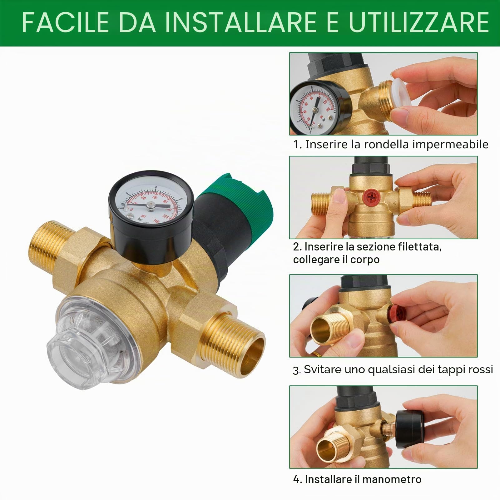 Riduttore di Pressione Acqua 3/4, DN 20 Regolatore di Pressione Acqua, con Manometro, Filtro a Maglia, per Negozi, Aree Esterne, Fabbriche, Famiglia