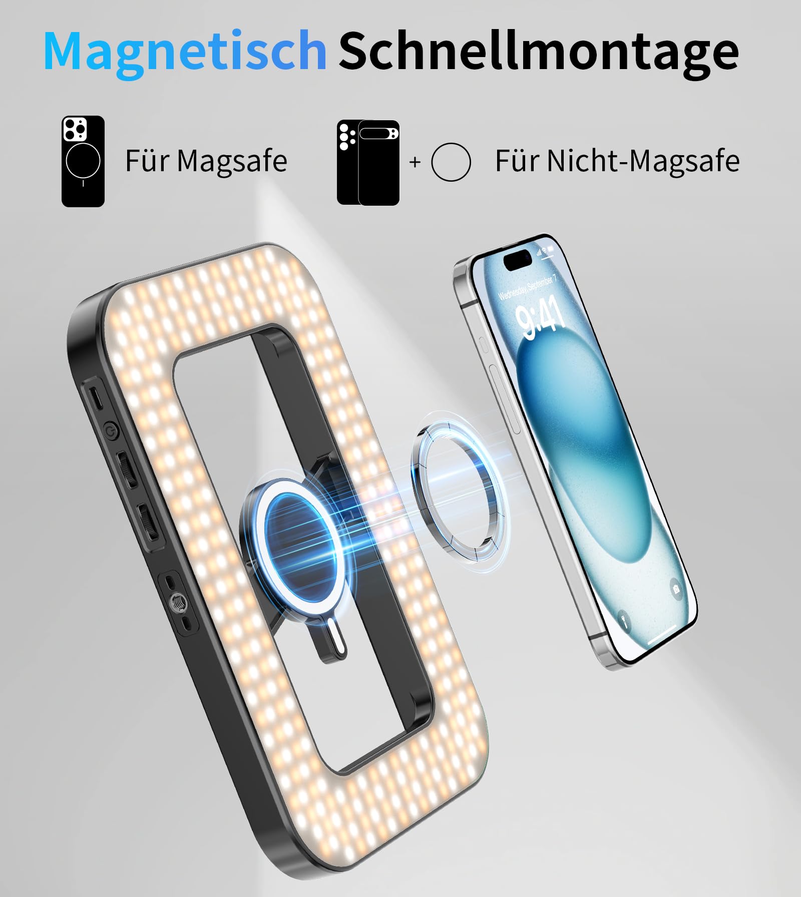 TONEOF Wiederaufladbares Selfie Licht, magnetische RGB mit Mini‑Stativ