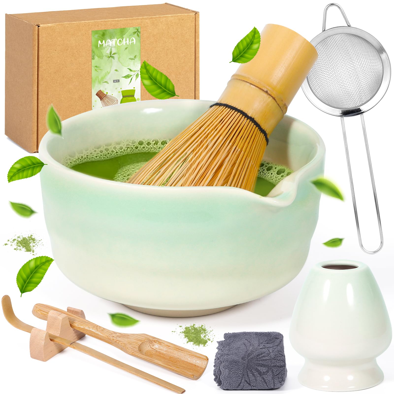 8-częściowy Zestaw do Matchy, Akcesoria Matcha, Miska do Matchy z Wylewkiem, Pędzel do Matchy, Łyżeczka, Szpatułka, Pomysł na Prezent dla Miłośników mat-chy i Początkujących (Zielony)