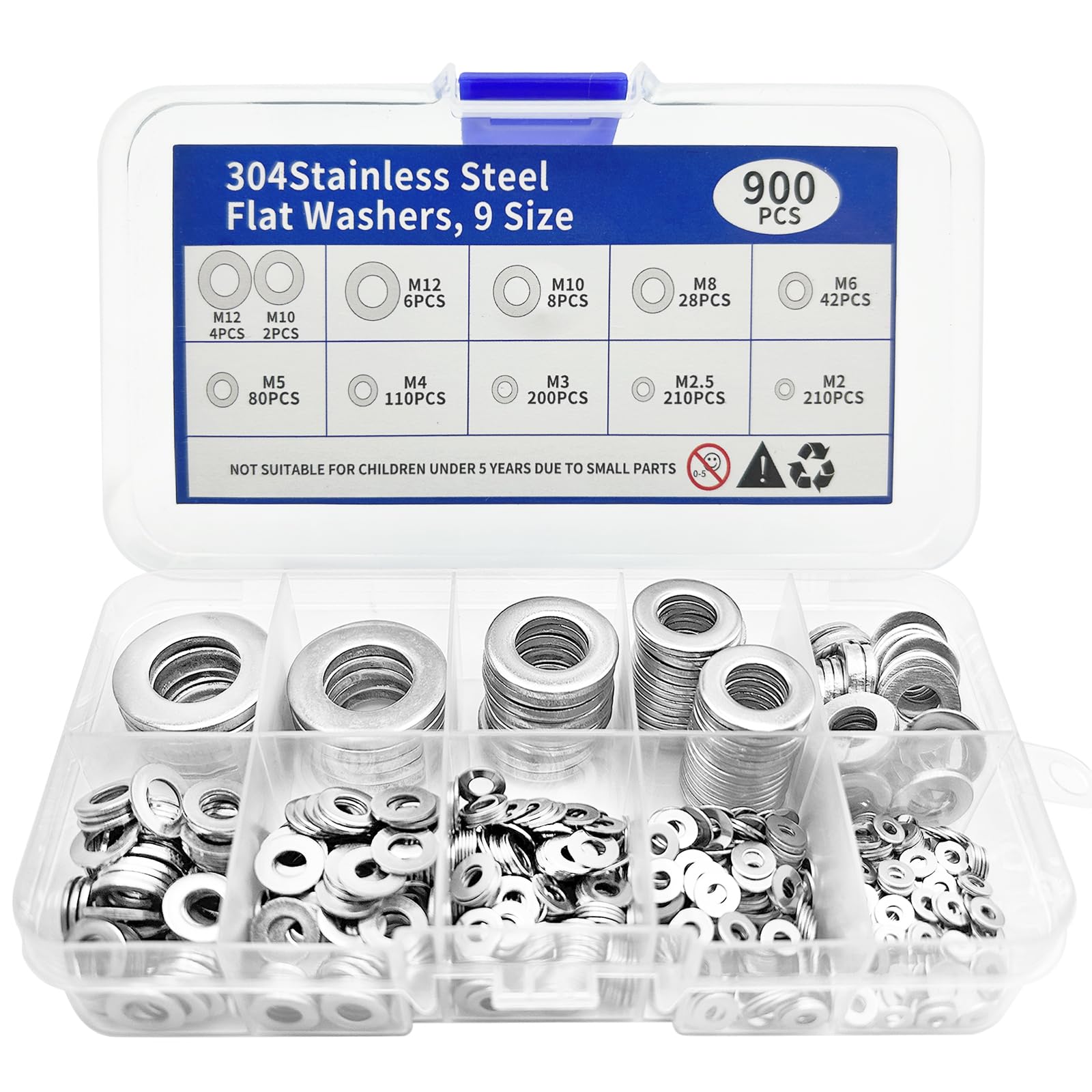 SUPEASY 900 Stück 304 Edelstahl Unterlegscheiben für Schrauben, Verschiedene Größen (M2 M2,5 M3 M4 M5 M6 M8 M10 M12) für Industrielle Anwendungen, Scheiben für Bolzen
