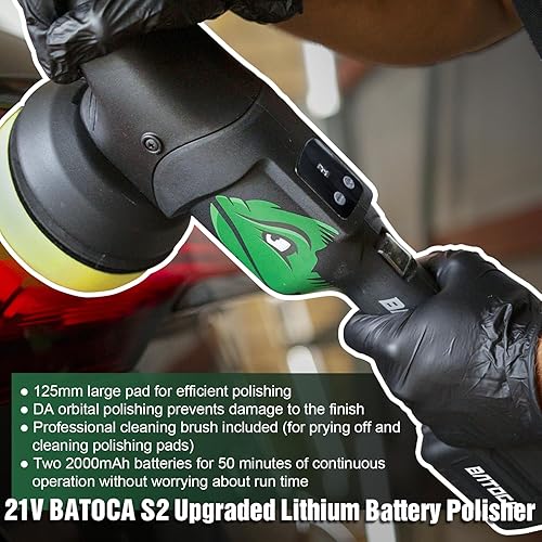 Miniatura 2 de BATOCA Pulidora inalámbrica de 21 V para automóviles, kit de amortiguador de coche alimentado por batería de litio de 2.0 Ah, orbital de 4500 RPM