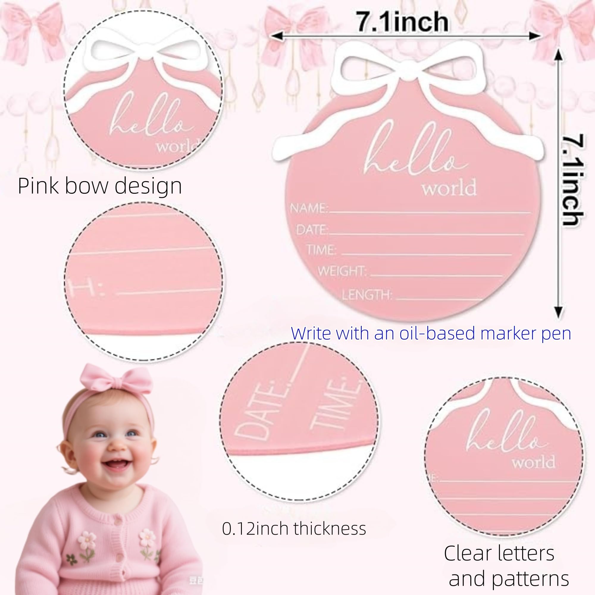 Hello World Newborn Sign for Girl, Acrylic Pink Bow Baby Birth Announcement Sign, Newborn Babe Name Sign for Hospital