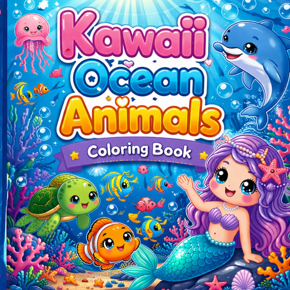 Kawaii Ocean Animals Coloring Book,Fun, Relaxing Underwater Coloring Pages with Whales, Dolphins, Sharks & More: Cute & Easy Sea Creatures for Kids ... Pages with Whales, Dolphins, Sharks & More