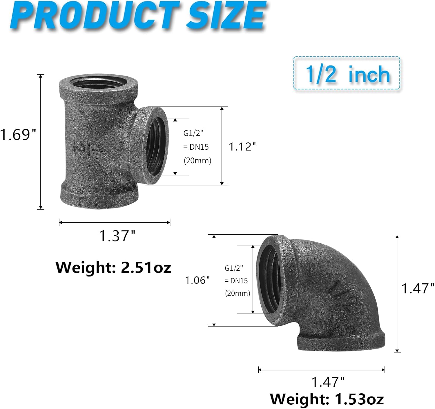 1/2" Thereaded Tee & Elbow, 40 Pack Industrial Cast Malleable Iron Pipe Elbow/Tee for Steampunk Vintage DIY Pipe Decor Project/Furniture/Shelving Decoration (40, 1/2 Inch)