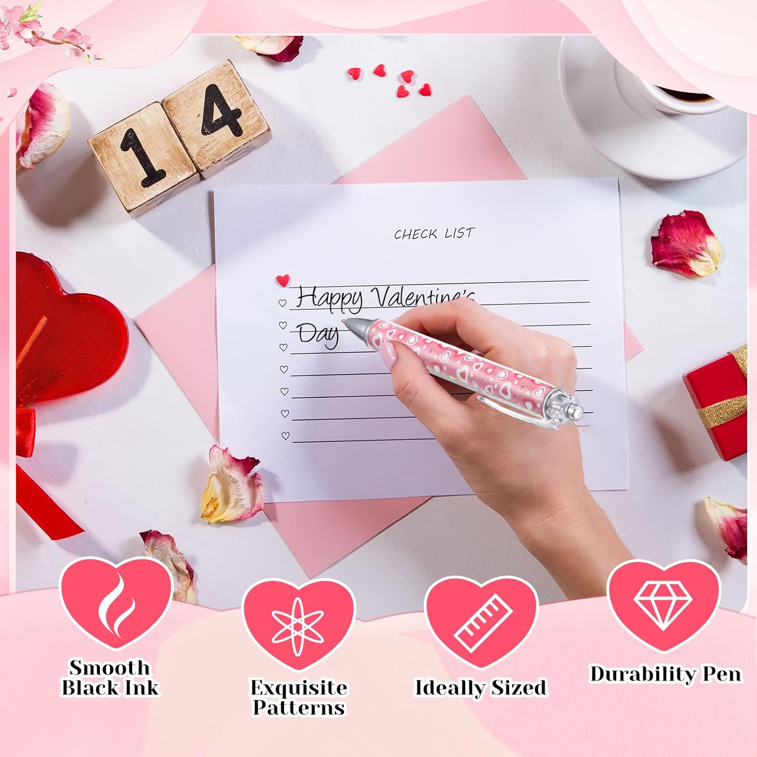 Resurhang 60 Pcs Valentine's Day Ballpoint Pens Bulk Heart Holiday Novelty Pens 0.5 mm Retractable Black Ink Decorative for Kids Office School Party Favor Supplies Women Gift