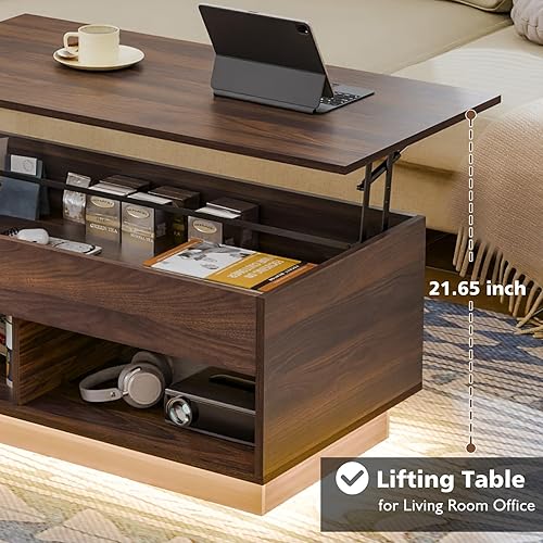 Miniatura 48 de HOMMPA Morden - Mesa de centro elevable de 40 pulgadas con almacenamiento, mesa de centro LED de alto brillo, mesa de té moderna de 3 niveles con