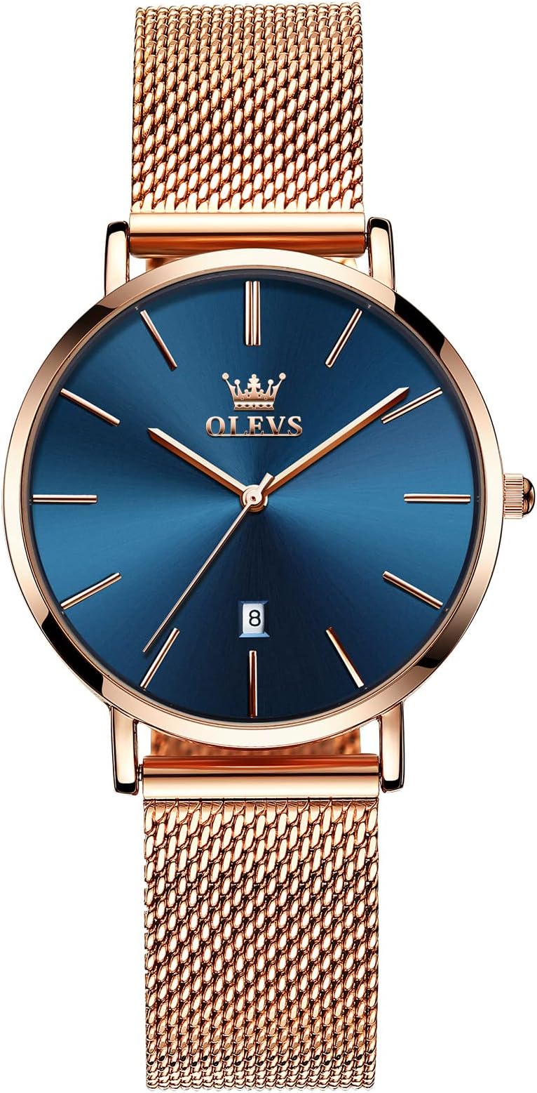 OLEVS Women's Mesh Bracelet Watch, Elegant Large Face Three Hand Analog Quartz Womens Wristwatch, Pretty Slim Date Display Waterproof Ladies Watches for Small Wrists