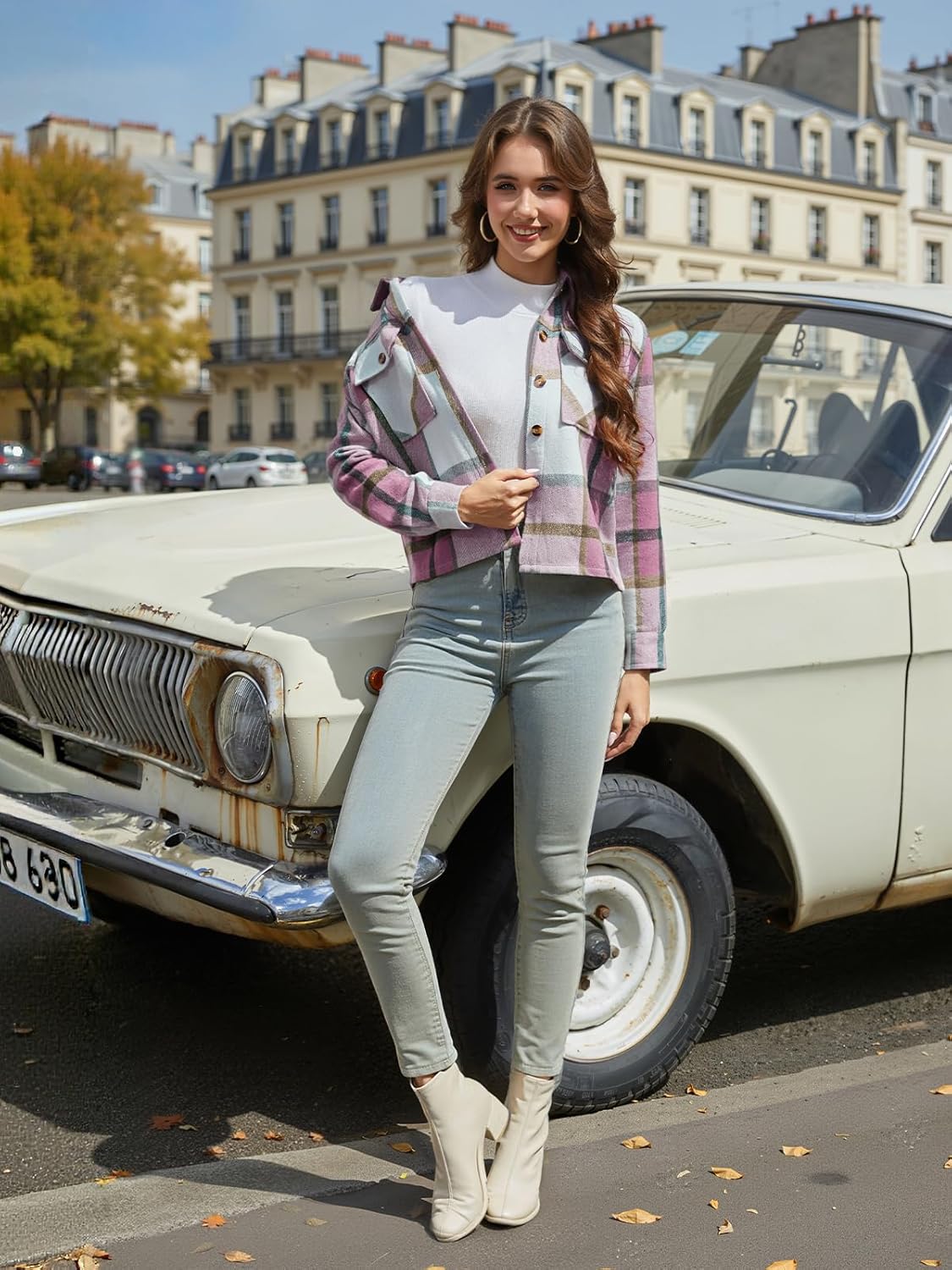 Women's Cropped Plaid Shacket Jacket Long Sleeve Button Down Shirt Coat Tops with Pockets - Image 2