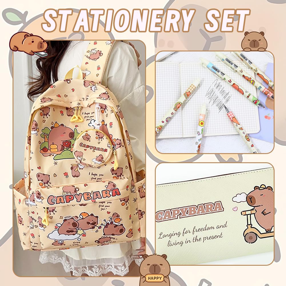 Capybara Bambini Zaino Schoolbag Grande Capacità Kawaii Astuccio Scuola Capibara Trousse Pencil Case Portapenne Animali Portachiavi 4 Penne Cancellabili Capybara Regalo Set (Giallo)