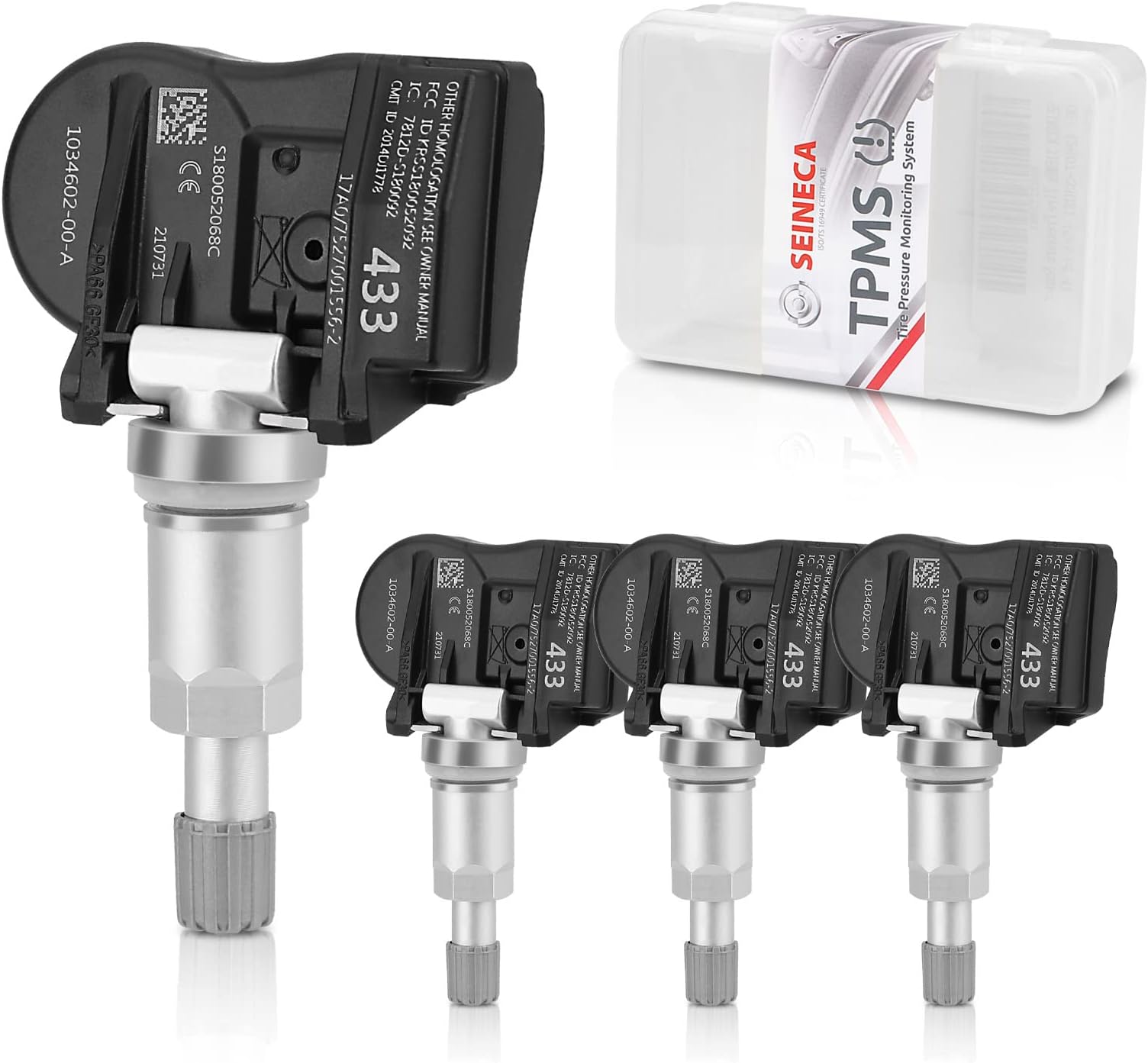 103460200A TPMS Sensor Set of 4, 433MHz Tire Pressure Monitoring Sensors Compatible with Tesla Model 3/ Model S/Model X, TPS with Metal TPMS Valve Stem