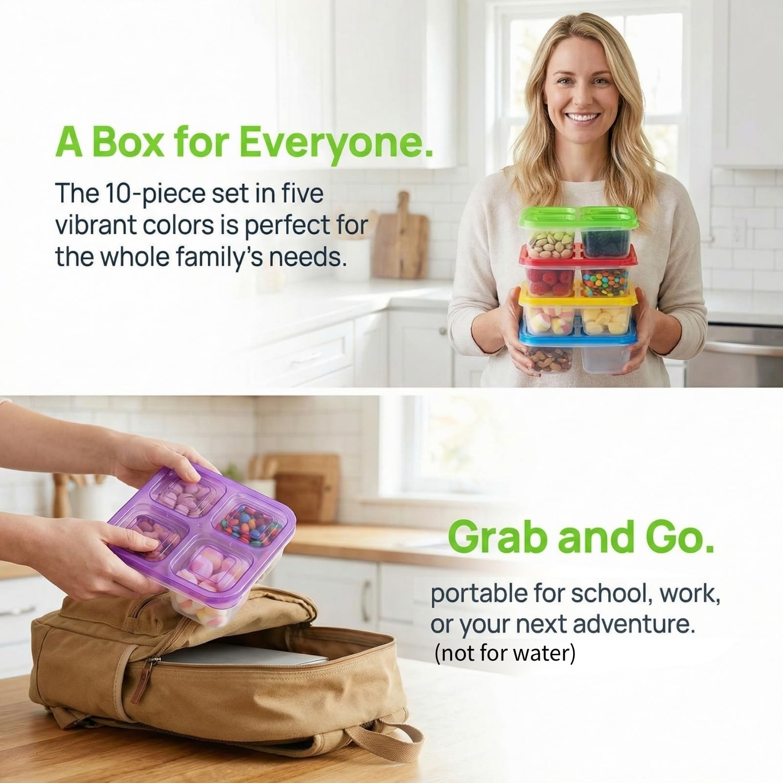 AVLA Paquete de 10 cajas Bento para aperitivos, recipientes reutilizables para preparación de comidas, 4 compartimentos para llevar, contenedores apilables divididos de almacenamiento de alimentos