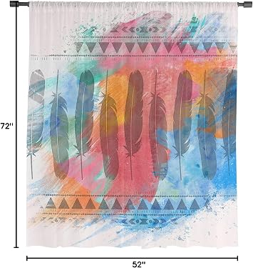 Medi-eval Feather Semi Sheer Curtains Drapes for Living Room,Bedroom,French Doors 72 Inches Long,Bohemia Abstract Geometric Shabby Chic Art Rod Pocket Chiffon Curtain Drapery Voile Draperies Panel