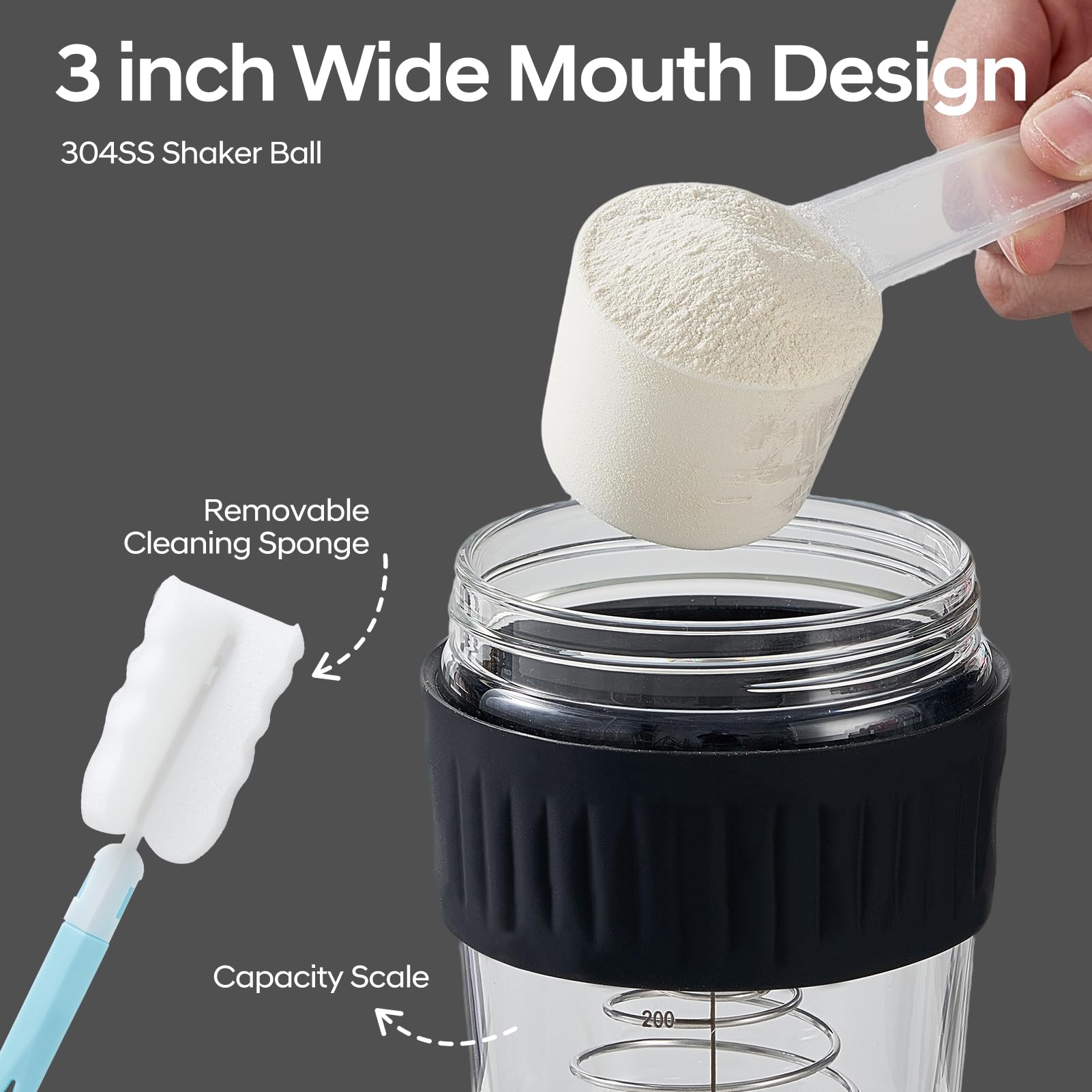 12oz Glass Shaker Bottle for Protein, 2 Pack Small Borosilicate Glass Protein Powder Leak-Proof Shaker Cup Mixes with 304 Blending Ball(12oz,Black) - 5