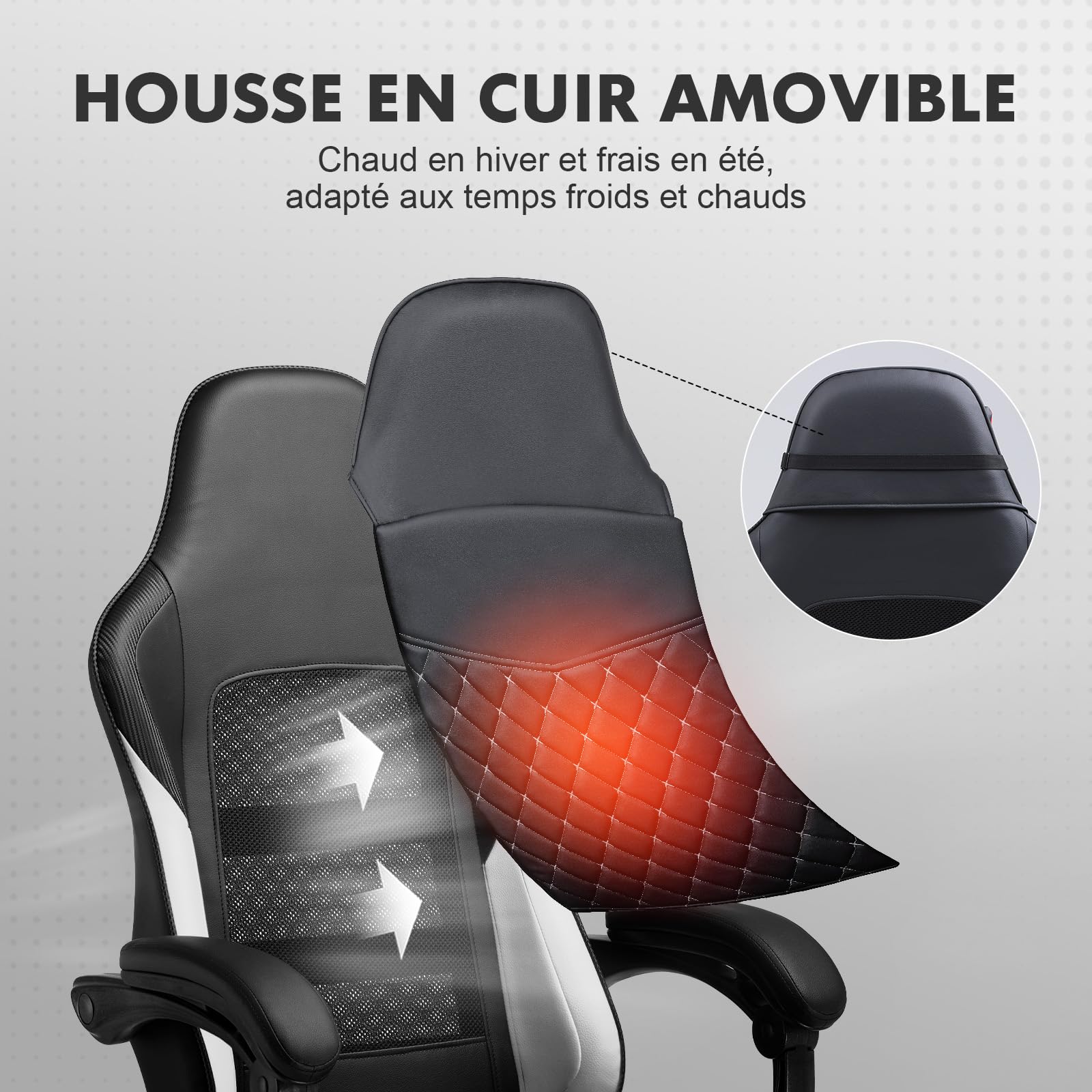 GTPLAYER Chaise Gaming, Chaise de Bureau Ergonomique Réglable en Hauteur, Utilisable en Hiver et en Été, avec Dossier Double, Repose-Pieds, Housse Amovible et Support Lombaire, Supporte 150 kg, Blanc