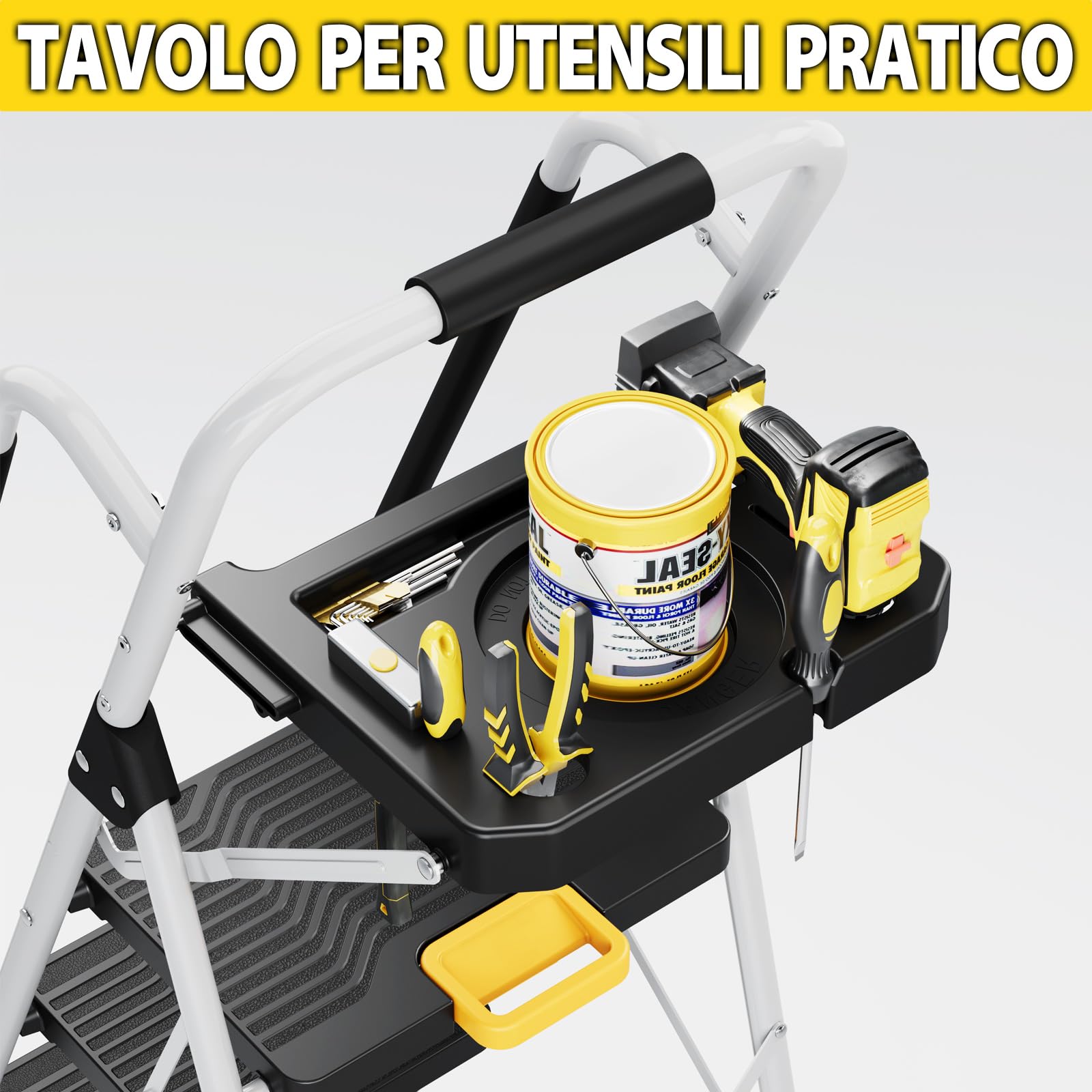 KINGRACK Scaletta 5 Gradini, Scala Pieghevole Portata 150 kg, con Blocco di Sicurezza, Vaschetta Portaoggetti, Ampio Pedale Antiscivolo, Corrimano, Scala Domestica per Casa Giardino Pittura, Bianco