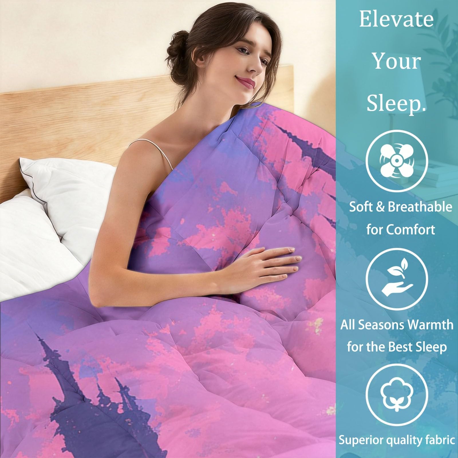 Piumino stampato 4 stagioni 240 x 260 cm fantasia Halloween magia castello set da letto 3 pezzi, microfibra ultra morbida e antiacari – design senza rivestimento con trapuntatura losanga, rosa