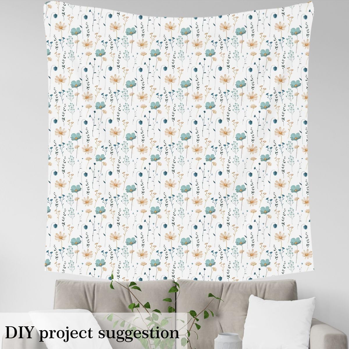 Watercolor Floral Fabric by The Yard Teal Beige Flower Upholstery Fabric Modern Minimalist Waterproof Outdoor Fabrics for Bed Outdoor Indoor DIY Projects Pastoral Branches Aesthetic Decor, 5 Yards