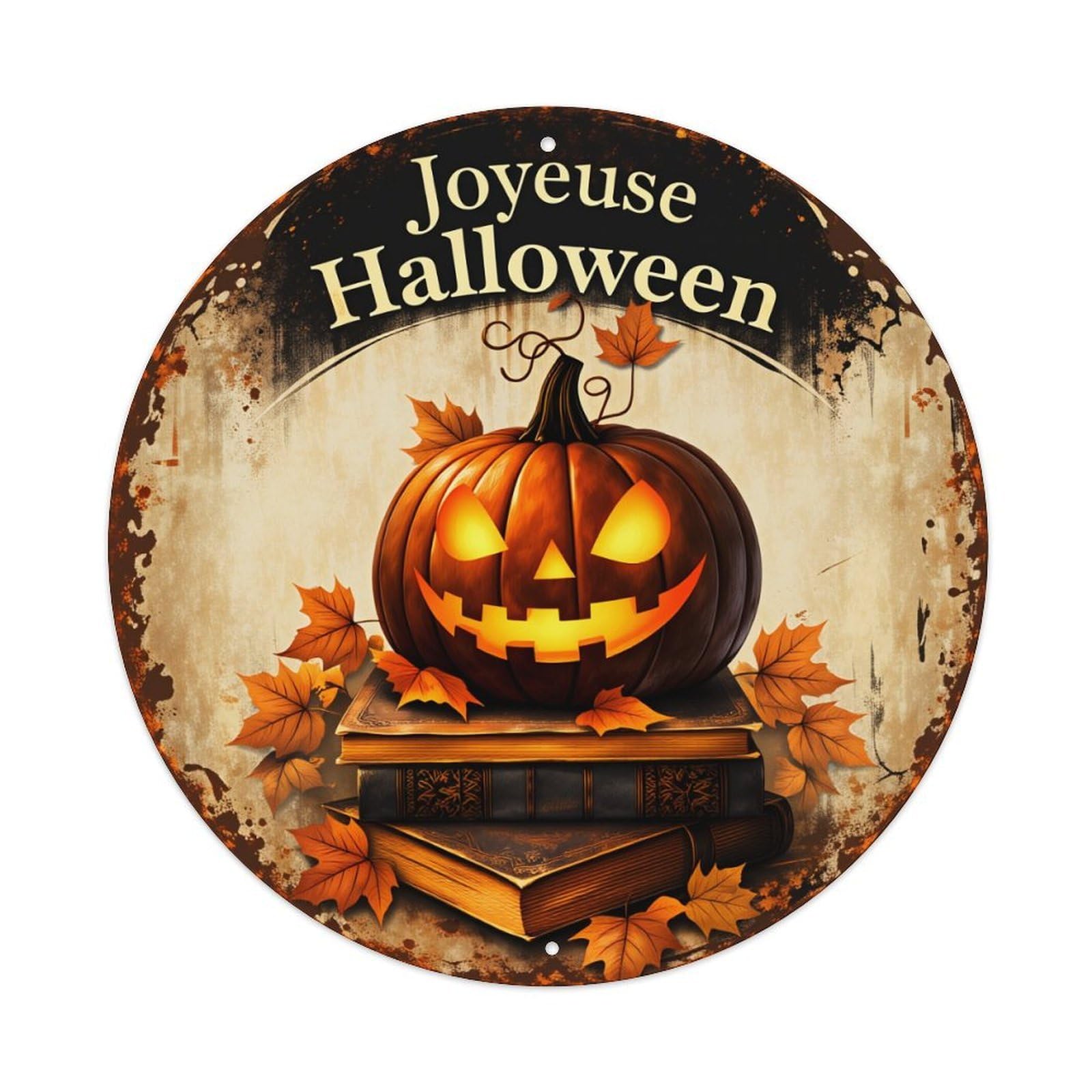 Pumpkin Books Leaves Halloween Joyeuse Round Tin Sign Vintage Style Metal Sign Home Bar Garden Wall Plaque Decor Metal Poster 8x8 Inch