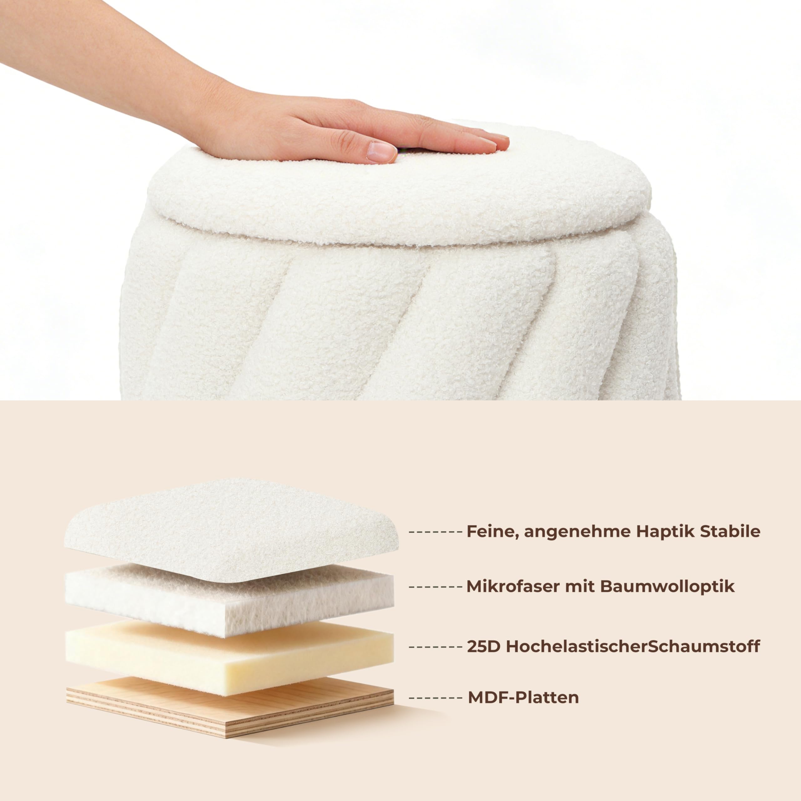 Hometopia Sitzhocker mit Stauraum, rund im Spiral-Design in Weiß