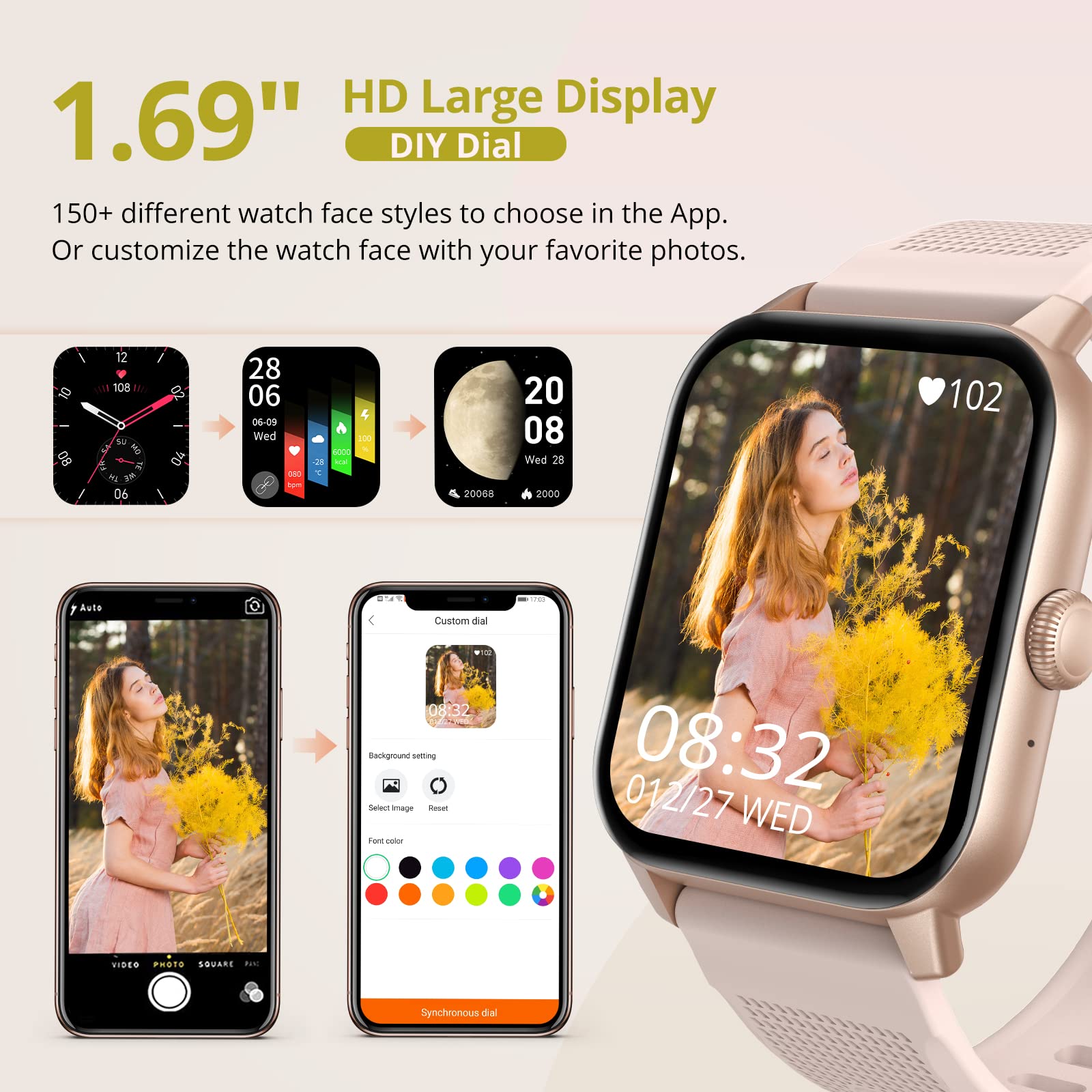 RIVERSONG Montre Connectée Femme avec Appel Bluetooth, 1,69" Montre de Sport avec Fréquence Cardiaque,SpO2, Podomètre, Moniteur de Sommeil, 49 Modes Sportifs, pour Android/iOS, Rose
