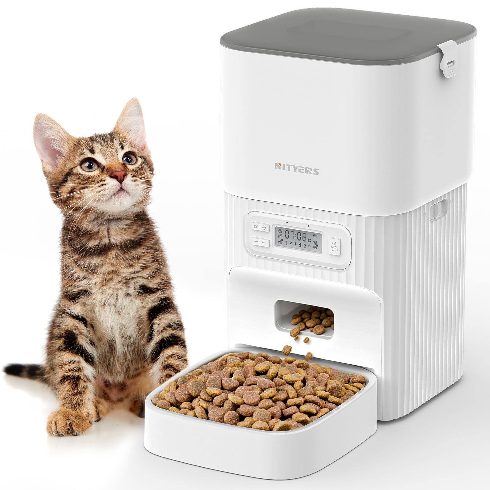 Mangeoire automatique pour chat avec anti-obstruction et double puissance, distributeur de nourriture sèche de 4 L pour 1 à 6 repas par jour, minuterie et garde frais, mangeoires chronométrées pour