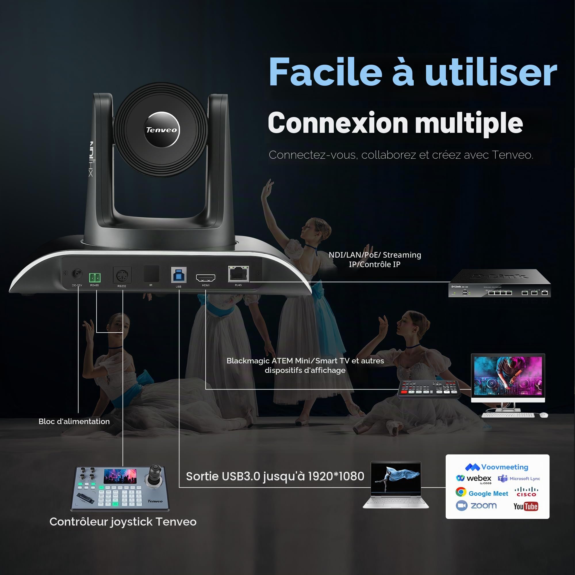 Tenveo Caméra PTZ NDI avec Suivi Automatique IA, Zoom Optique 20x, USB3.0/HDMI/LAN PoE, Camera PTZ IP 1080P 60FPS pour Streaming Live Église Visioconférence Diffusion Événements Youtube/OBS/vMix